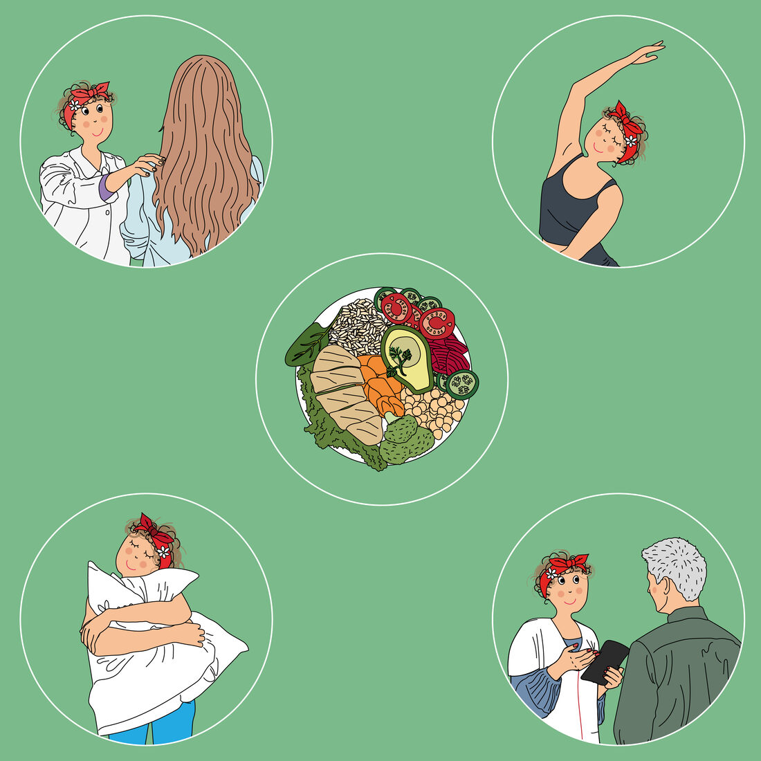 Cinq vignettes illustrées : une personne échangeant avec une professionnelle de santé, une femme faisant un étirement, une assiette équilibrée, une personne serrant un oreiller, et une discussion avec un pharmacien