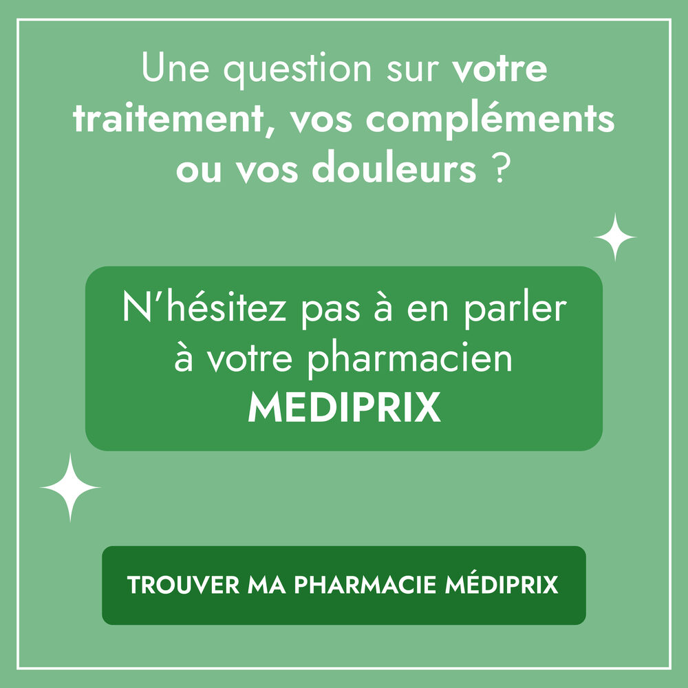 Bannière : une question sur votre traitement, vos compléments ou vos douleurs ? N'hésitez pas à en parler à votre pharmacien Mediprix — bouton Trouver ma pharmacie Médiprix