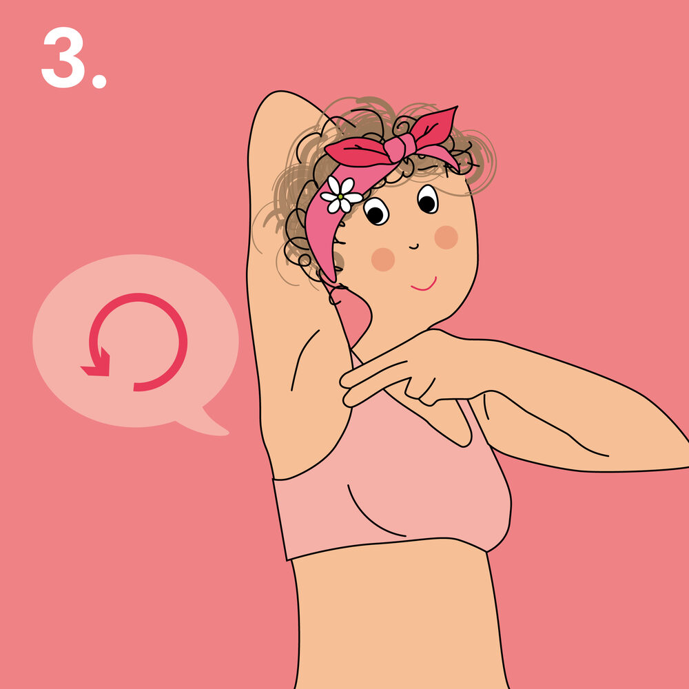Illustration étape 3 : une femme lève un bras et palpe le creux de son aisselle avec la main opposée