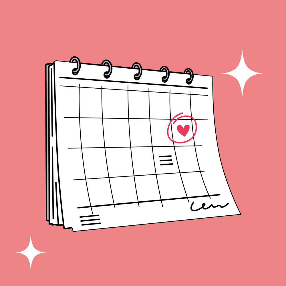 Illustration : un calendrier mensuel dont une date est entourée et marquée d'un cœur