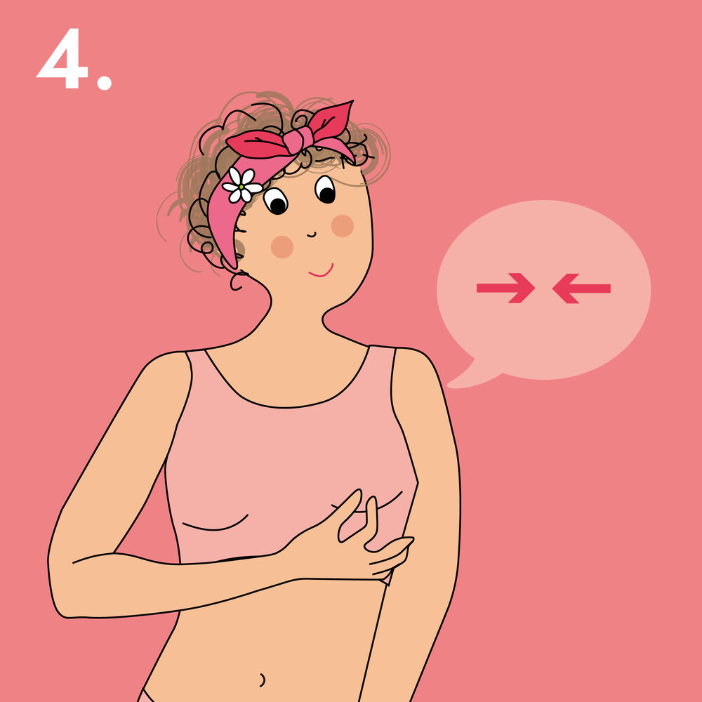 Illustration étape 4 : une femme examine son mamelon, une bulle figure par deux flèches le signe d'une rétraction