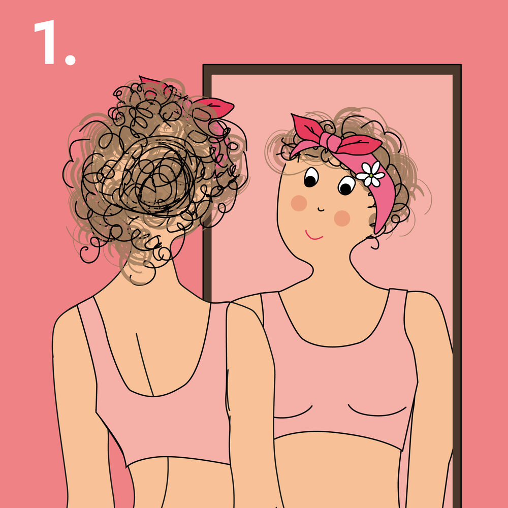Illustration étape 1 : une femme en brassière s'observe de face dans un miroir, bras le long du corps