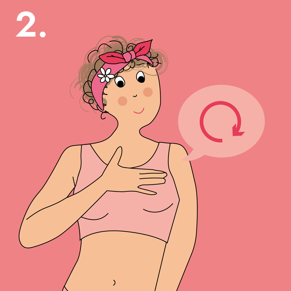 Illustration étape 2 : une femme palpe son sein avec les doigts à plat, une bulle rappelle le mouvement circulaire