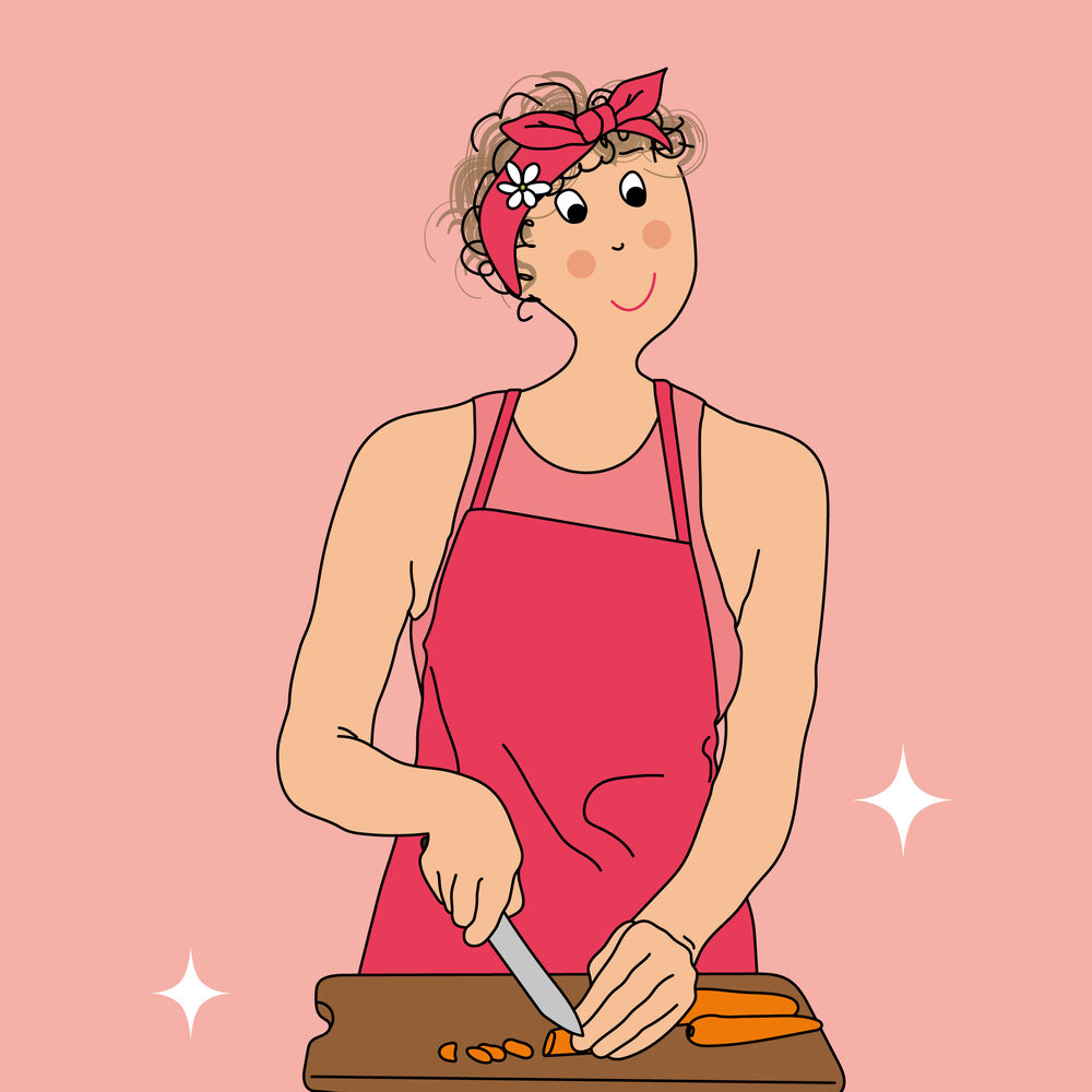 Illustration : une femme cuisine des légumes frais plutôt que d'acheter un plat préparé