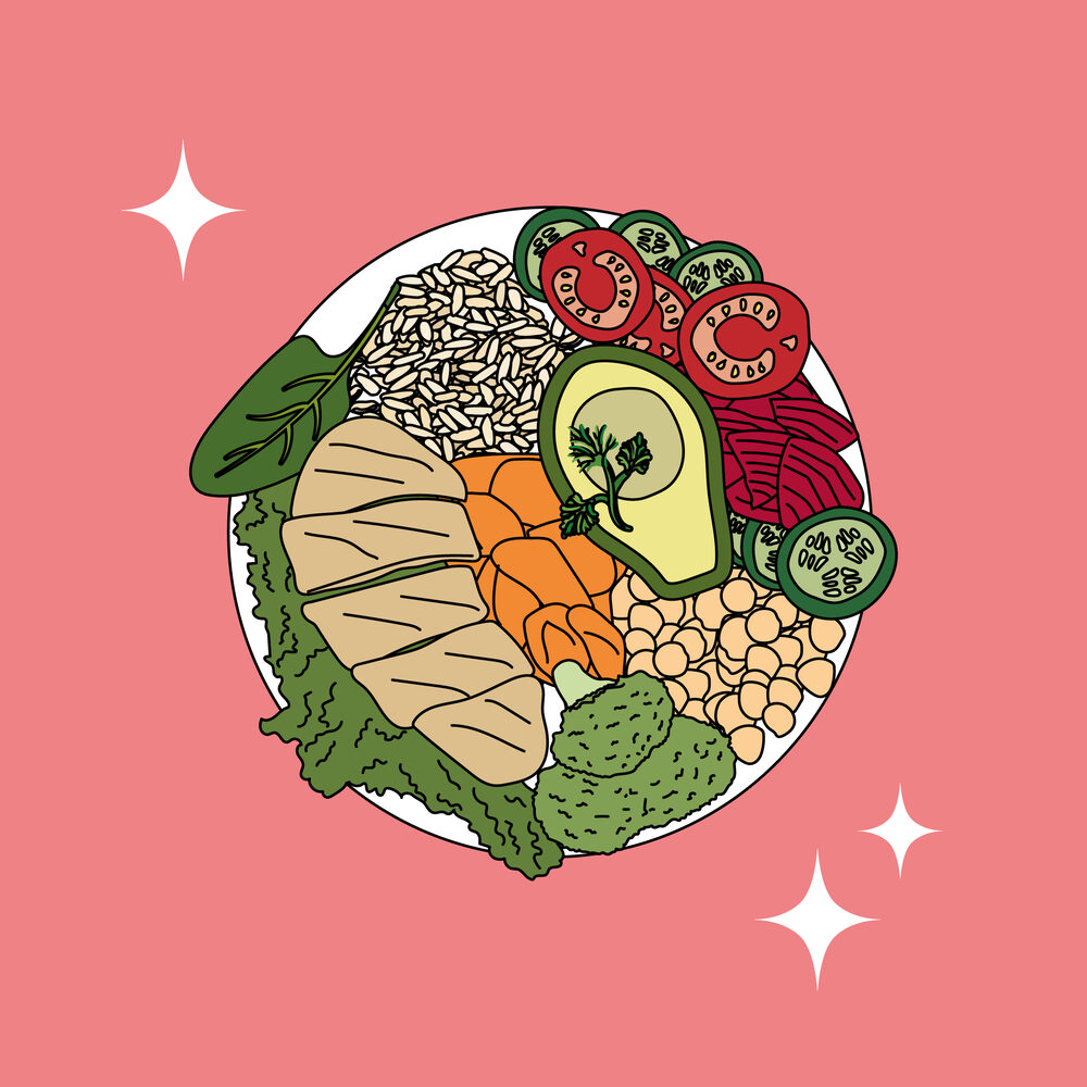 Illustration : une diversité d'aliments colorés évoquant la diversité du microbiote